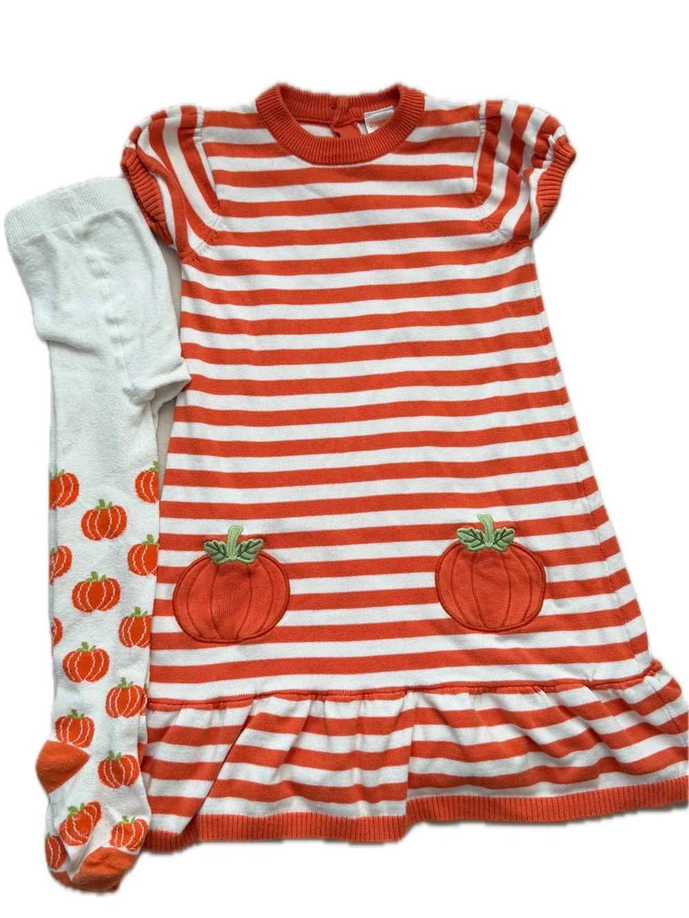 Gymboree 5T Lil Pumpkin Orange and White Striped Sweater Dress and Tights